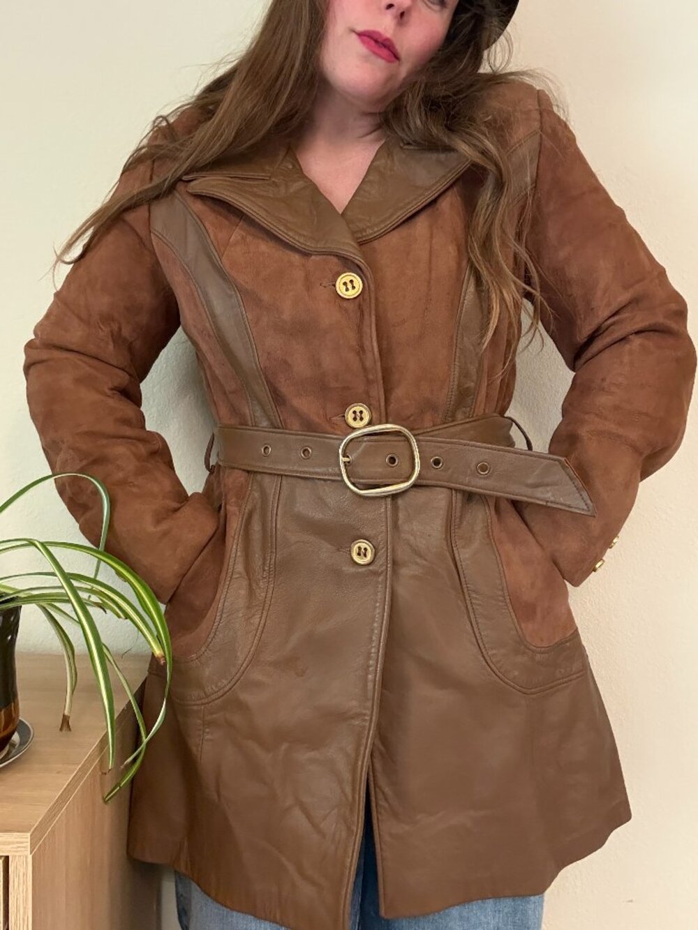 Vintage 70s Brown Belted Leather Suede Jacket Coat M/L